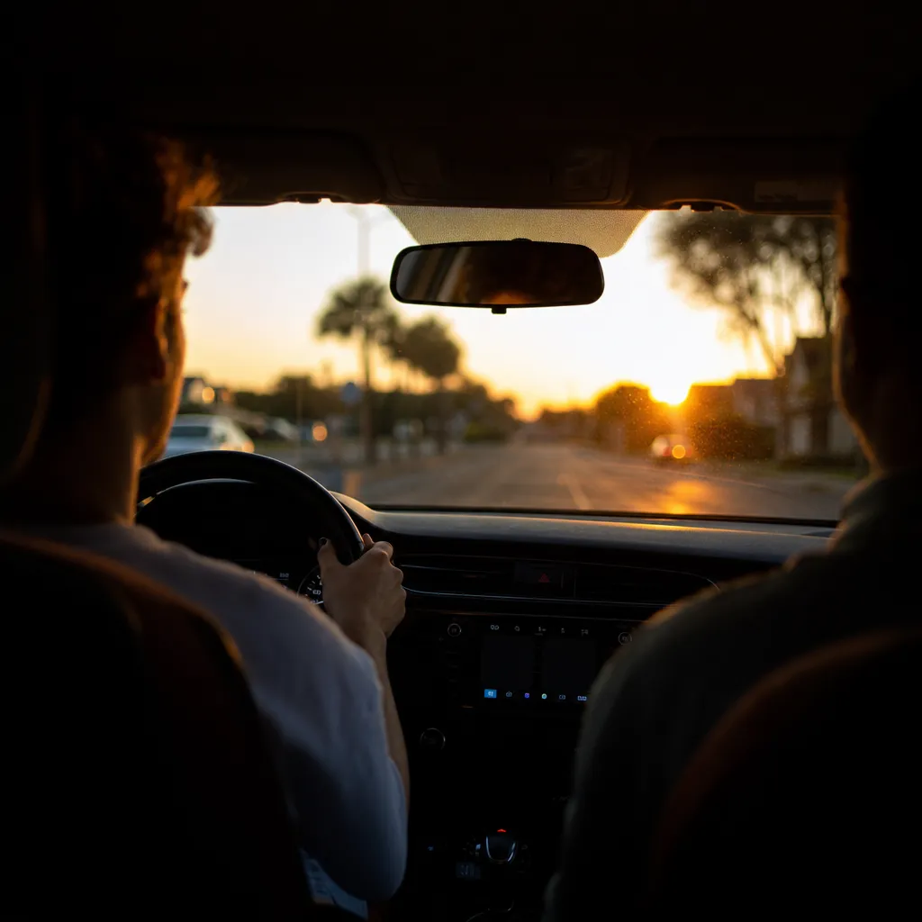 Sat vožnje u vozilu autoškole, pogled sa stražnjeg sjedala u zalazak sunca